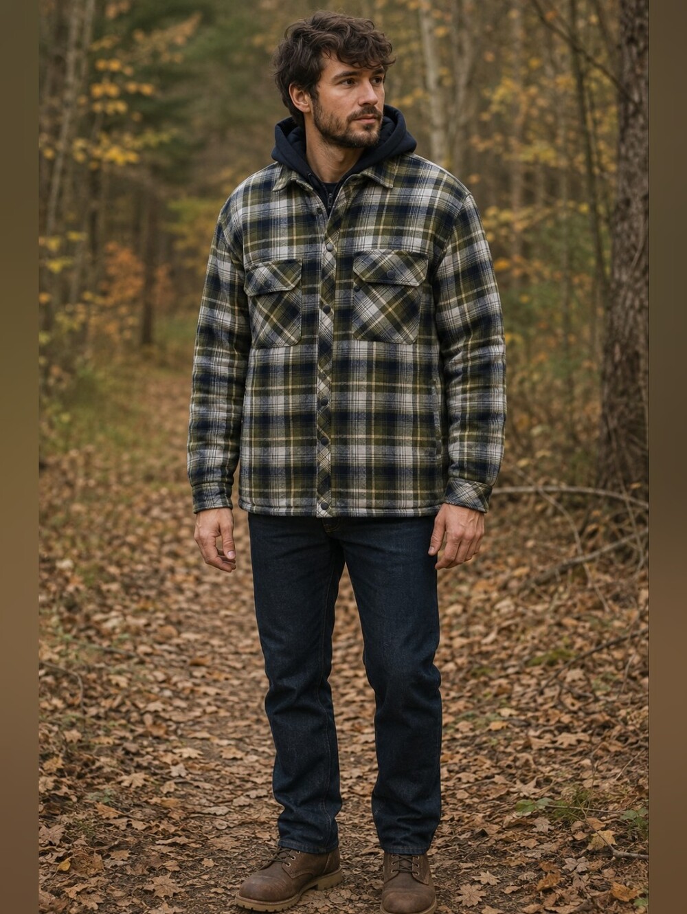 Boston Traders Hooded Flannel Jacket L Olive Plaid Grunge Workwear Outdoorsy